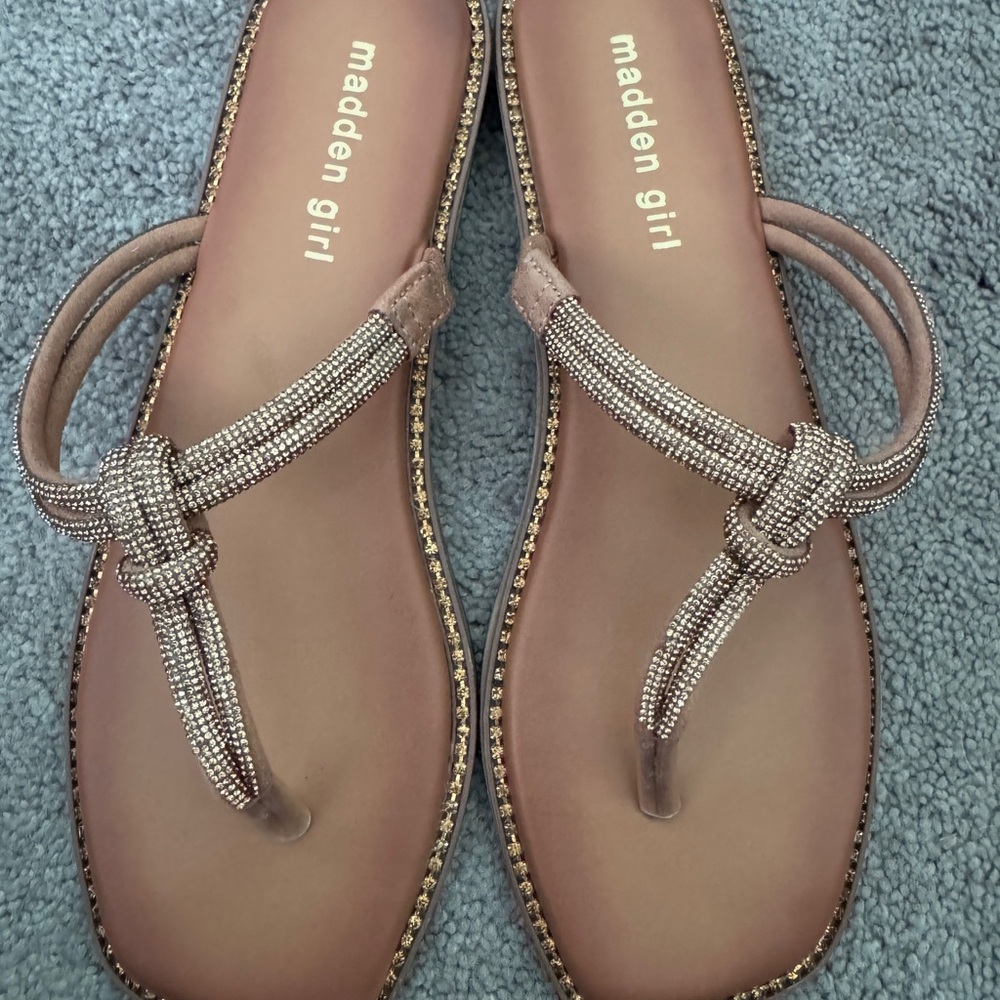 Madden Girl Tan Sandals with Twisted Strap Design